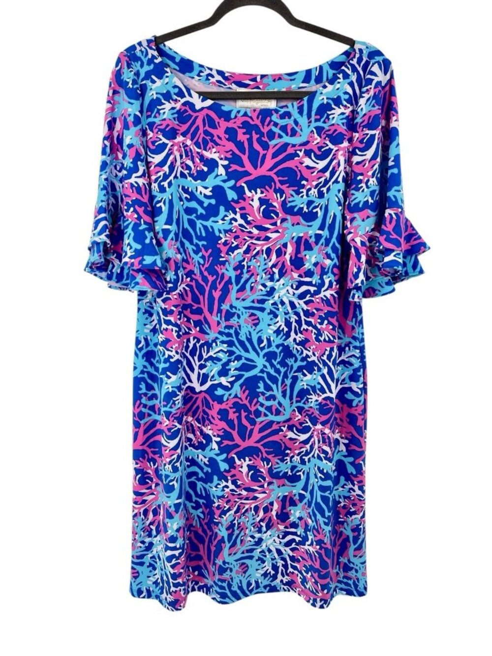 PAPPAGALLO Women's Sapphire Pink Coral Print Half Sleeve Shift Dress NWT Large